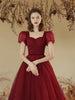 Image of Solid Color Toast Clothing Wine Red Puff Sleeves Shopping