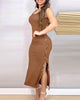 Image of Women's Elegant Sunken Stripe Sleeveless Button Long Dress Shopping