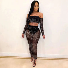 Fashion Sexy See-through Mesh Sequins Tassel Two-piece Set Shopping