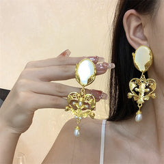 Court Vintage Engraving Metal Rhinestone Pearl Female Earrings Shopping