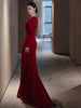 Image of Bride Fishtail Square Collar Long Sleeve Design Simple Satin Evening Dress Shopping