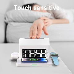 Digital LED Alarm Clock For Bedrooms  Fast Wireless Charger Station For Phone Earphones Smartwatch  Detachable Portable Colorful Big Night Light   USB Charging Port  12 24H  White