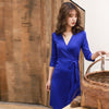 Image of Dark Blue Temperament V-neck Lace-up Slimming And Short Slim Dress Shopping