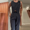 Image of Women's Solid Color Round Neck Top Straight-leg Pants Suit Shopping