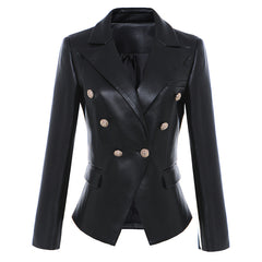 Metal buckle double-breasted leather suit Shopping