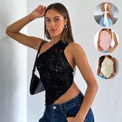 Ins Lace Backless Top Summer Solid Color Waistless Asymmetrical Sloped Neck Vest Streetwear Womens Clothes Shopping