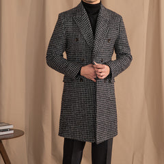 Wool Double Breasted Houndstooth Coat Mid-length Coat Shopping