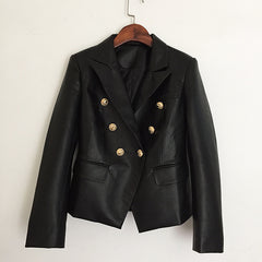 Metal buckle double-breasted leather suit