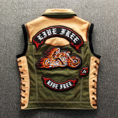 Green Canvas Slim Lapel Punk Motorcycle Vest