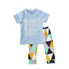 Image of Children's Clothing Boy Suit Short-Sleeved T-Shirt Blue Letter Arrow Geometric Pants Baby Two-Piece Suit Shopping