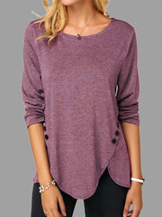 Spring And Summer Hot Style Irregular Button Hem Long Sleeve Round Neck T-shirt Shopping