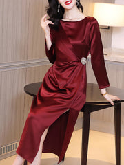 Satin Dress Female Red Dress Long Skirt Shopping