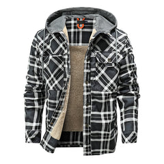 Men Warm Jacket Fleece Lining Lumberjack Plaid Hooded Jackets Snap Button