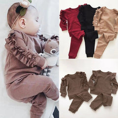 Newborn Baby Boys Girls Ruffles Jumper Solid Long Sleeve Sweatshirt Tops Pants Infant Kids 2Pcs Outfits Clothes Set Fall Clothes Shopping