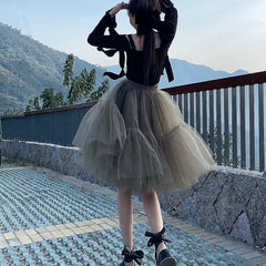 Black Tulle-Layered High-Waist A-Line Skirt, Women's Tutu Skirt Mesh Splicing Skirt Multi-layer Cake A-line Pleated Skirt Fairy Skirt Shopping