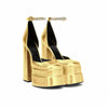 Image of Golden Square Head Hollow Waterproof Platform Buckled Chunky Heel Super High Heel Shopping