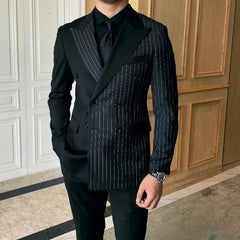 Striped Double Breasted Blazer Men Fashion Tailored Suit