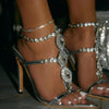 Image of Fashionable Golden Rhinestone Gem Stiletto Sandals Toe High Heels Shopping