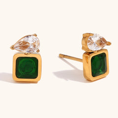 Square Green Zirconium Transparent Water Drop Stitching Earrings