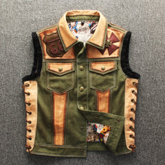 Green Canvas Slim Lapel Punk Motorcycle Vest Shopping