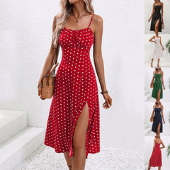 New Polka Dot Print Suspender Dress Summer Sexy Slit Long Dresses For Womens Clothing Shopping