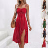 Image of New Polka Dot Print Suspender Dress Summer Sexy Slit Long Dresses For Womens Clothing Shopping