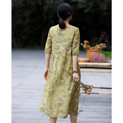 New Cotton Linen High-woven Ramie Floral Dress Women's Literary And Artistic Self-cultivation