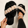 Image of Cross Fur Slipper Pearl Advanced European And American Korean Style Home Plus Size Flowers Shopping