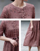 Image of Floral Ramie Dress Women's Round Neck Mid-sleeve Lace-up Waist Shopping