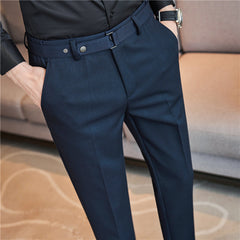 Fall Winter Men's Belt Design Slim-fit Textured Youth Suit Pants Shopping