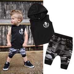 2PCS Toddler Kids Baby Boy Sleeveless Hooded Clothes T-shirt Tops Camo Pants Outfits Shopping