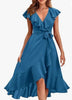 Image of Women's V-neck Short Sleeve Ruffles Long Tie Dress Shopping