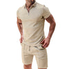 Image of 2Pcs Casual Waffle Suit Summer Zipper Lapel Short-sleeved Top And Drawstring Pockets Shorts Versatile Solid Color T-shirt Set For Mens Clothing Shopping