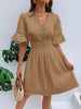 Image of Patchwork Lace Fashion V-neck Tight Waist Solid Color Dress Shopping