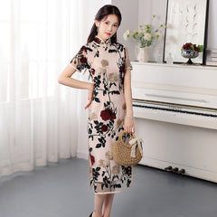 Improved Voile Embroidered Slim Fit Cheongsam Retro Stand Collar Short Sleeve Dress Shopping