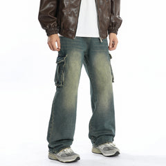 Multi-pocket Denim Straight Loose Trousers Men