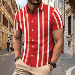 Casual Striped Printed Short Sleeve Shirt Summer Lapel Button Top Men's Clothing Shopping