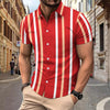 Image of Casual Striped Printed Short Sleeve Shirt Summer Lapel Button Top Men's Clothing Shopping