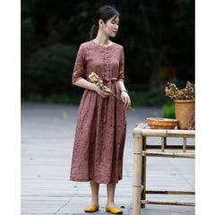 Floral Ramie Dress Women's Round Neck Mid-sleeve Lace-up Waist Shopping