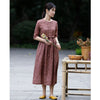 Image of Floral Ramie Dress Women's Round Neck Mid-sleeve Lace-up Waist Shopping