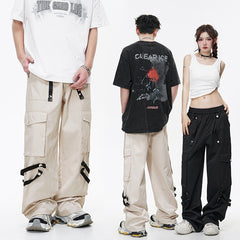 Metal Snap Fastener Detachable Webbing Multi-pocket Wide Leg Straight Overalls Shopping