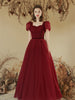 Image of Solid Color Toast Clothing Wine Red Puff Sleeves Shopping