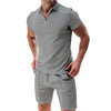 Image of 2Pcs Casual Waffle Suit Summer Zipper Lapel Short-sleeved Top And Drawstring Pockets Shorts Versatile Solid Color T-shirt Set For Mens Clothing Shopping