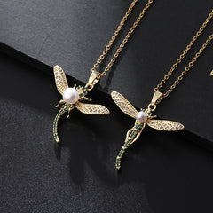 European And American Fashion Normcore Style Colorful Pearl Zircon Dragonfly Necklace