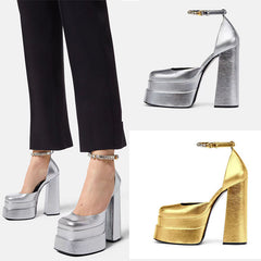 Golden Square Head Hollow Waterproof Platform Buckled Chunky Heel Super High Heel Shopping