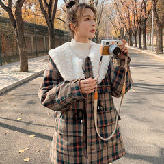 Mid-length Thick Lamb Hair Pie Overcoming The Waist And Velvet Plaid Jacket