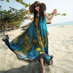 Women's Bohemian Feather Printed Chiffon Dress Shopping