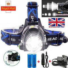 T6 Headlamp Rechargeable 350000LM LED Zoom Headlight Head Torch USB Line New UK Shopping