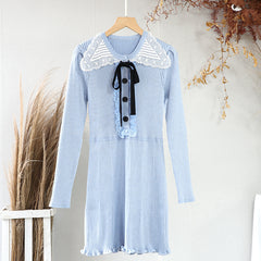 New Lace Doll Collar Bow Knit Dress Bright Silk Ruffle Shopping