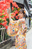 Image of Moonlight Kimono Yellow Fan Retro Style Women's Bright Dress Shopping